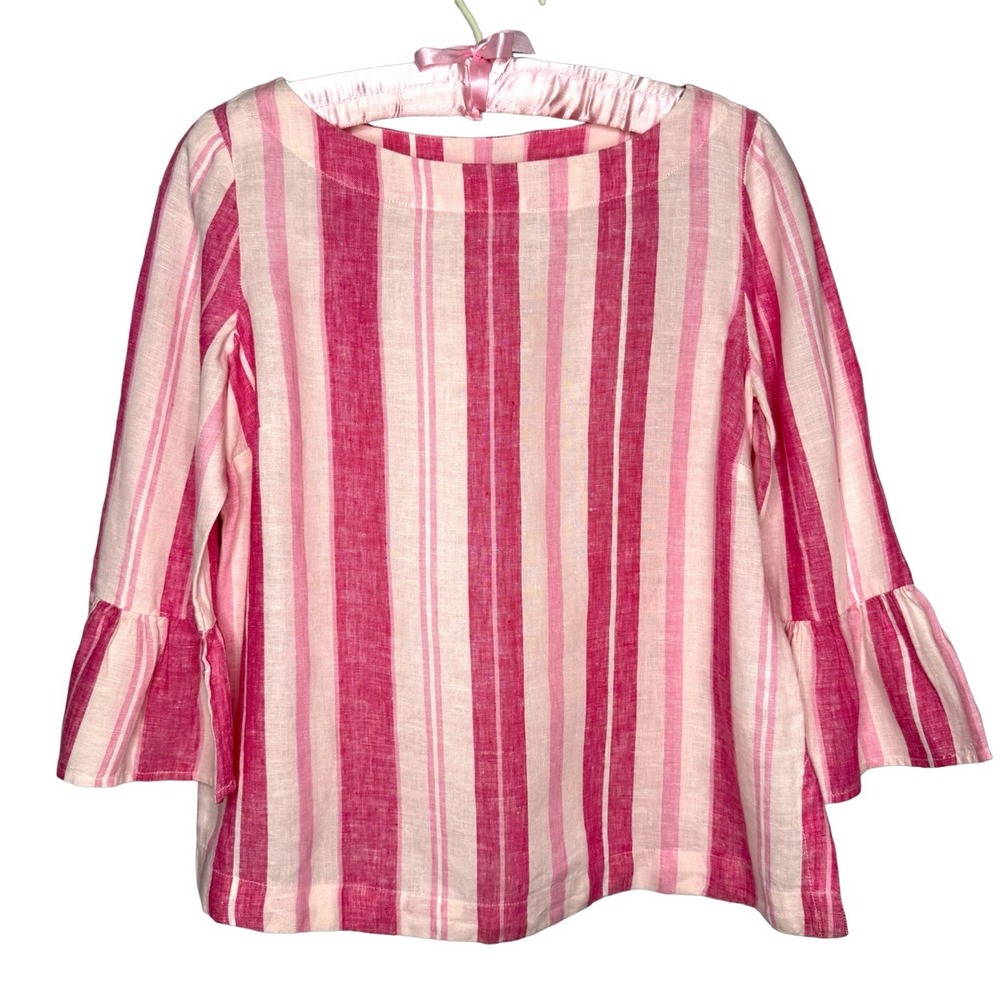 Charter Club Pink Striped 100% Linen Blouse Top Petite Small‎ Bell Sleeve
